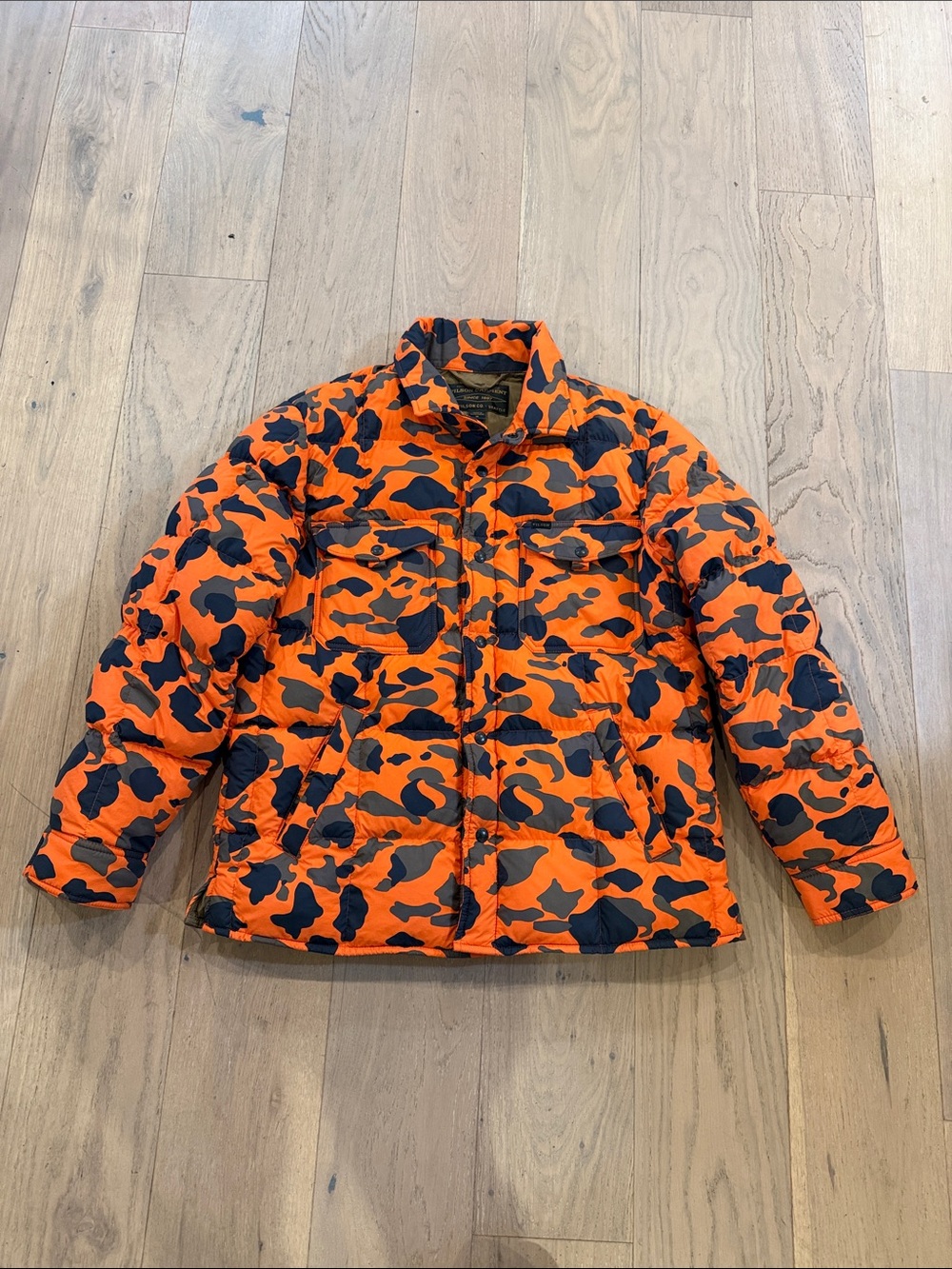 Filson Orange and Black Camo Puffer Jacket